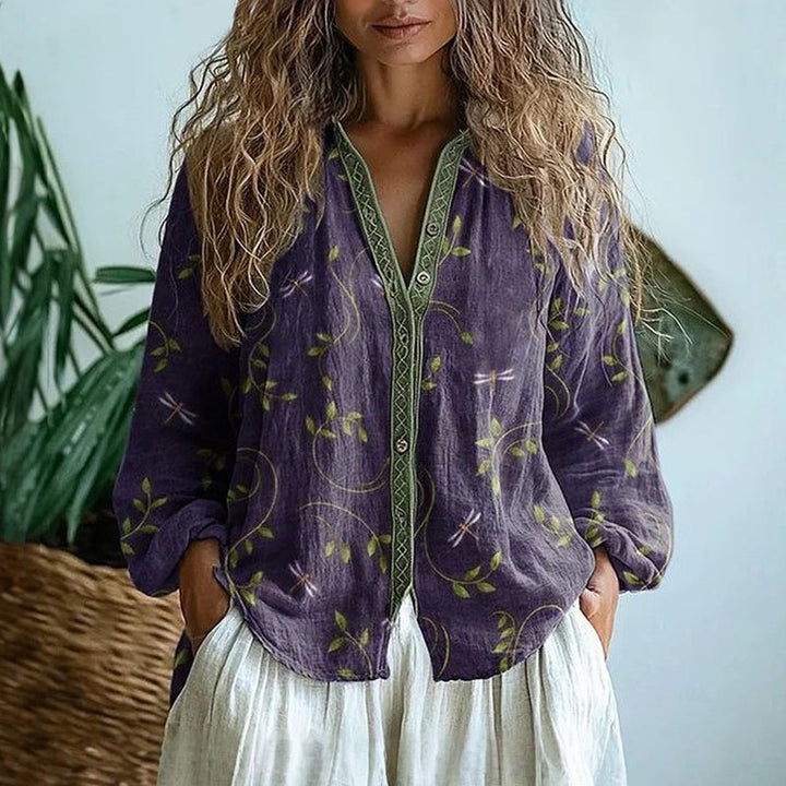 Brunaëlle | Chemise élégante à imprimé vintage de feuilles
