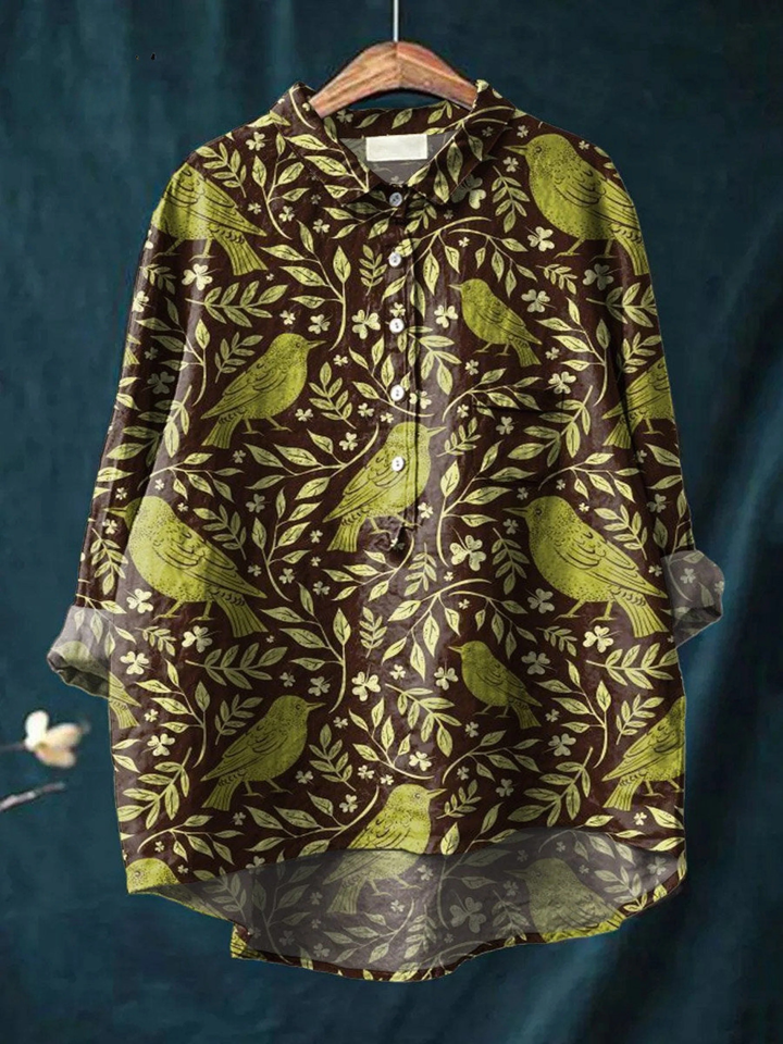 Nora | Chemise décontractée vintage à imprimé floral et oiseaux pour femmes