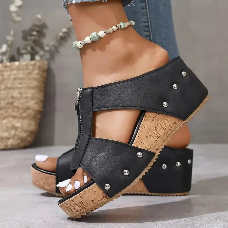 Henriette | Sandales compensées à détail zippé