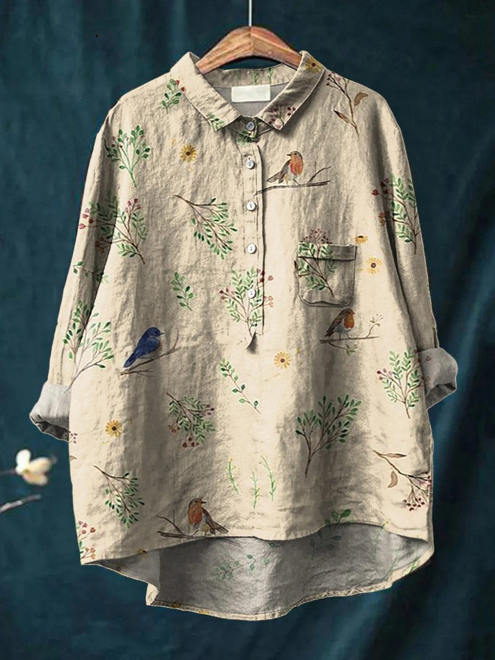 Lorelai | Chemise Décontractée Imprimée à Motifs de Branches et d'Oiseaux Rouges