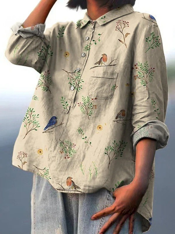 Lorelai | Chemise Décontractée Imprimée à Motifs de Branches et d'Oiseaux Rouges