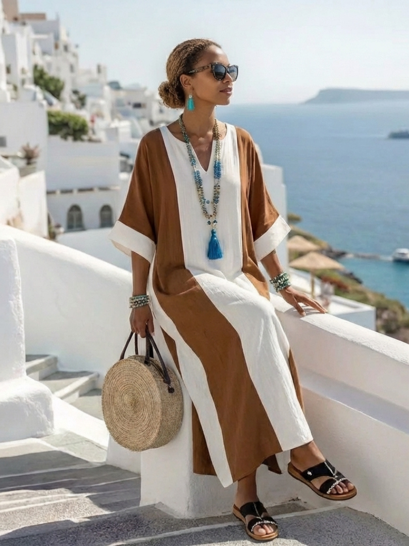 Calindra | Robe Maxi Relaxed à Manches Courtes et Color Block