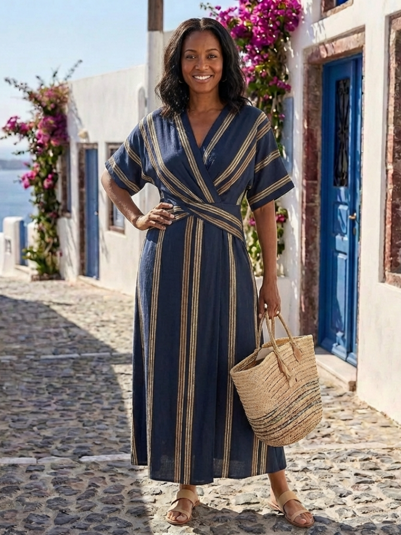 Saphira | Robe Midi Rayée à Manches Courtes en V