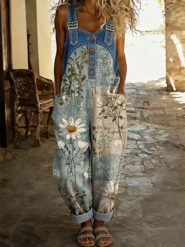 Maréa | Salopette en Denim Patchwork avec Imprimé Floral