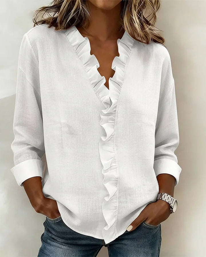 Inès | Blouse avec Volants, Décolleté en V et Manches Longues