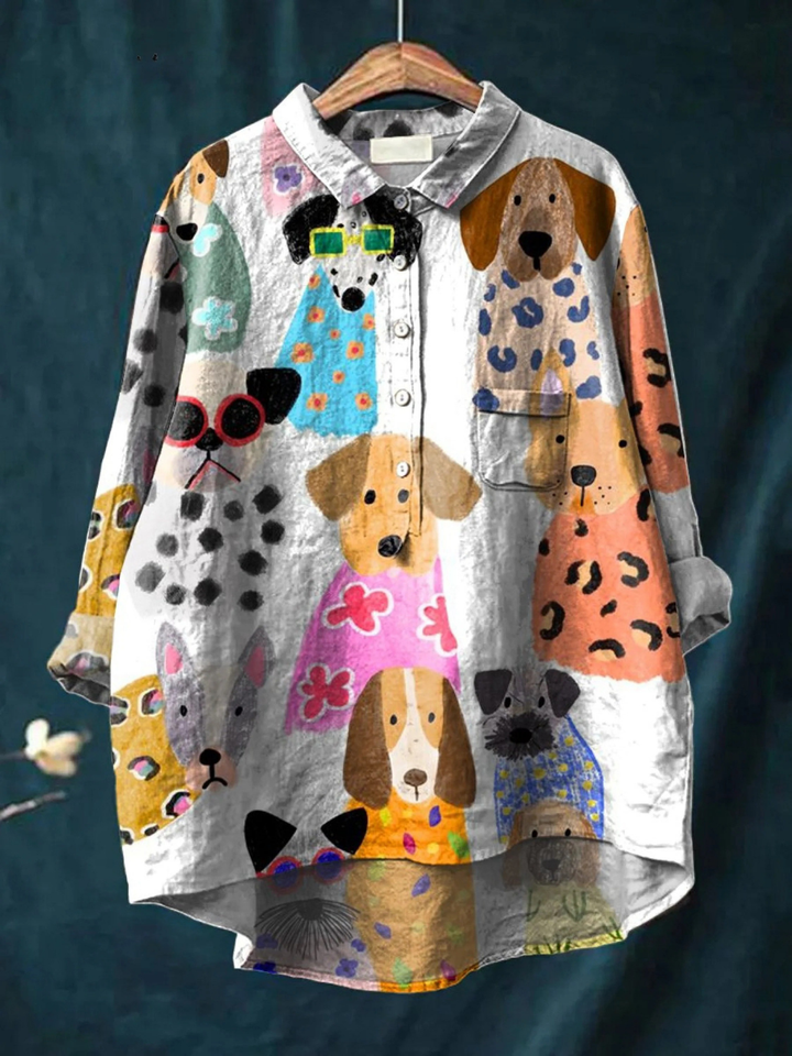 Brigitte | Chemise décontractée imprimée de chiot coloré et amusant pour femmes