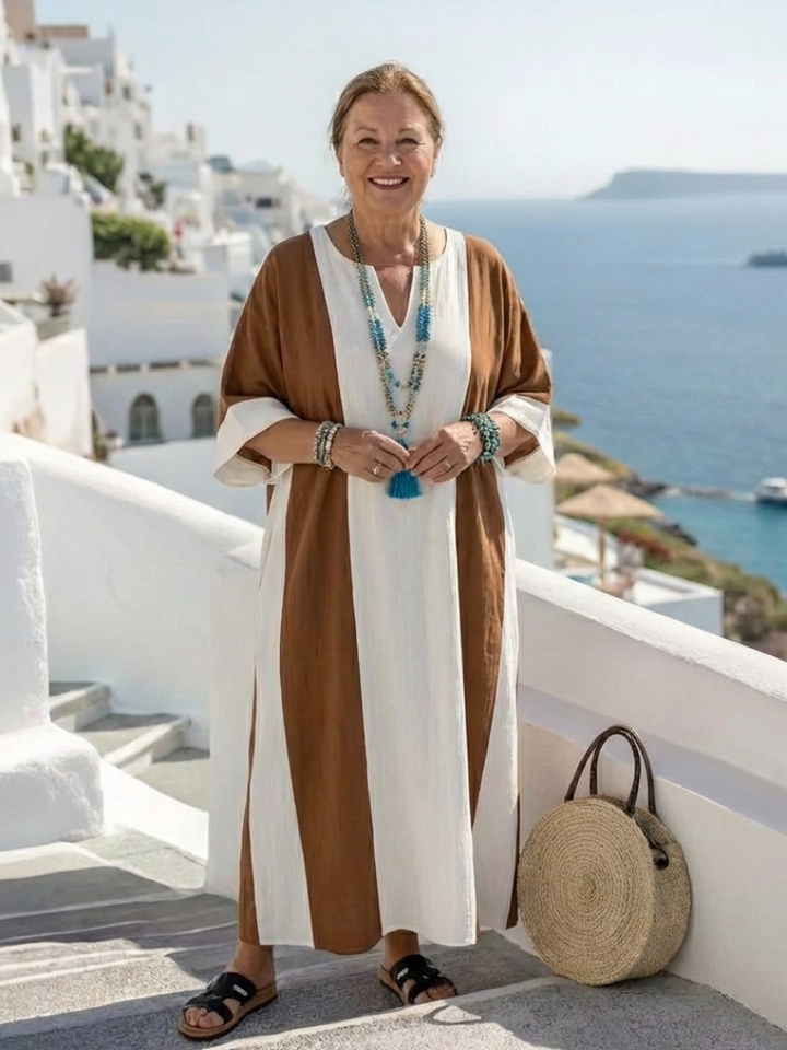 Calindra | Robe Maxi Relaxed à Manches Courtes et Color Block