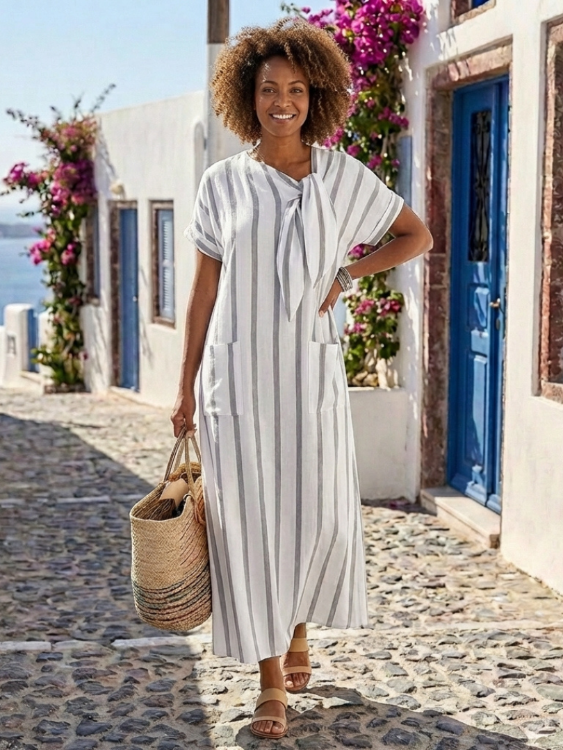 Elaris | Robe Midi à Manches Courtes avec Col Nœud Rayé et Poche