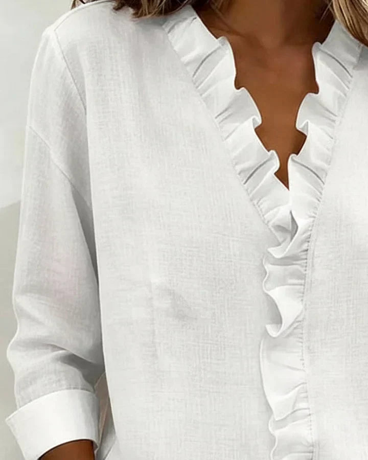 Inès | Blouse avec Volants, Décolleté en V et Manches Longues
