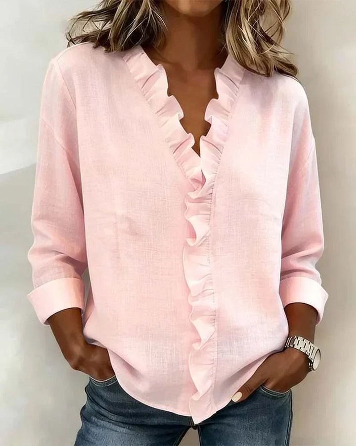 Inès | Blouse avec Volants, Décolleté en V et Manches Longues