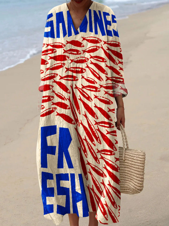 Pauline | Robe imprimée vintage de sardines pour femmes