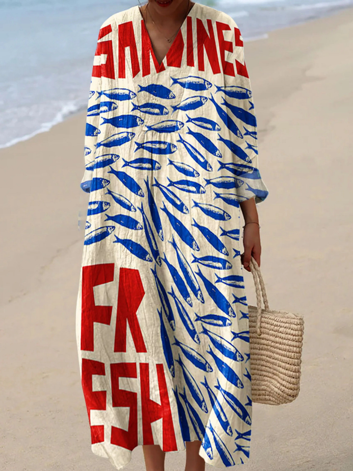 Pauline | Robe imprimée vintage de sardines pour femmes