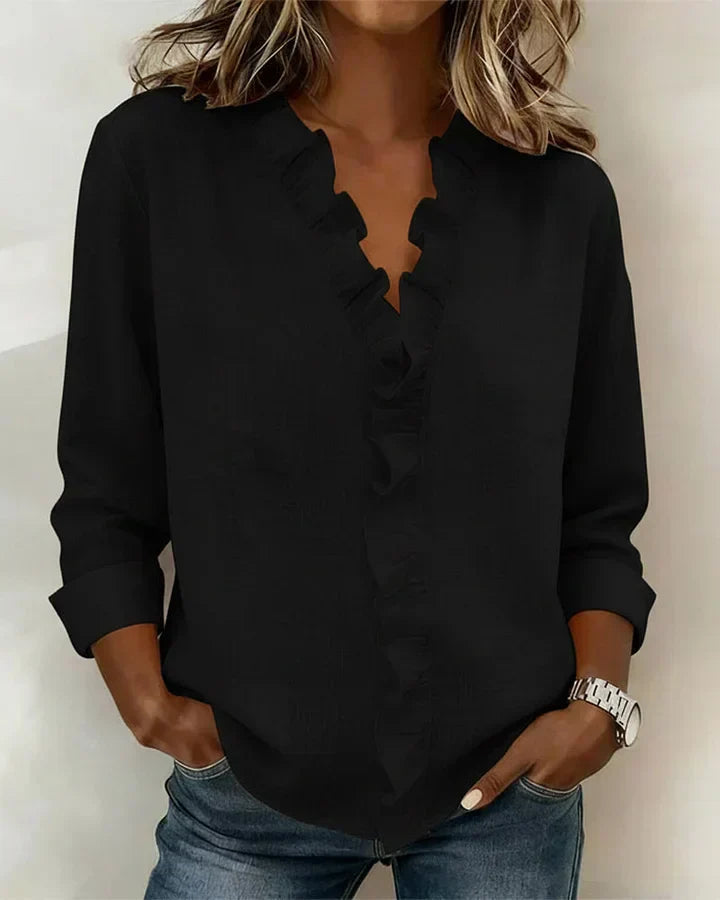 Inès | Blouse avec Volants, Décolleté en V et Manches Longues