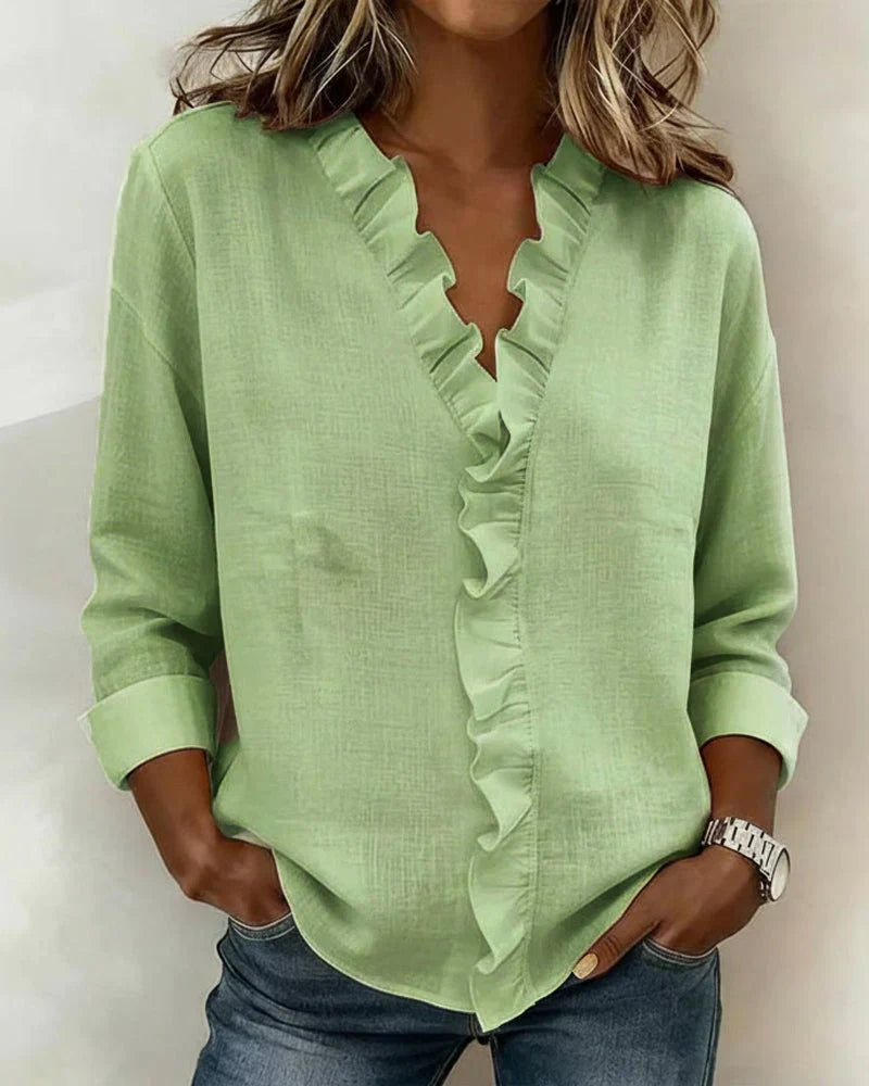Inès | Blouse avec Volants, Décolleté en V et Manches Longues