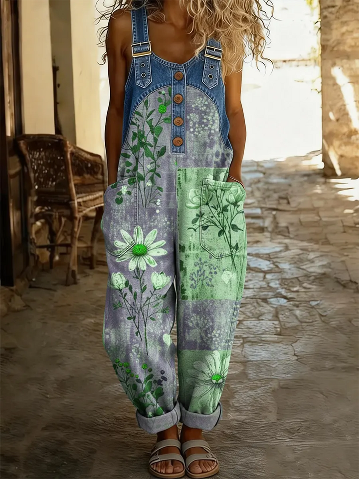 Maréa | Salopette en Denim Patchwork avec Imprimé Floral