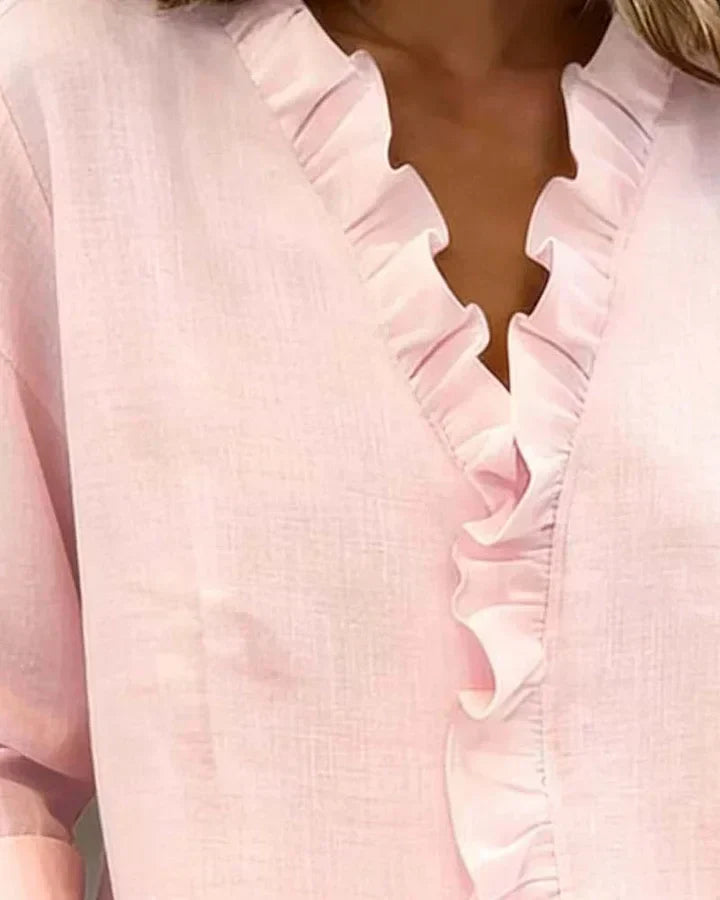Inès | Blouse avec Volants, Décolleté en V et Manches Longues