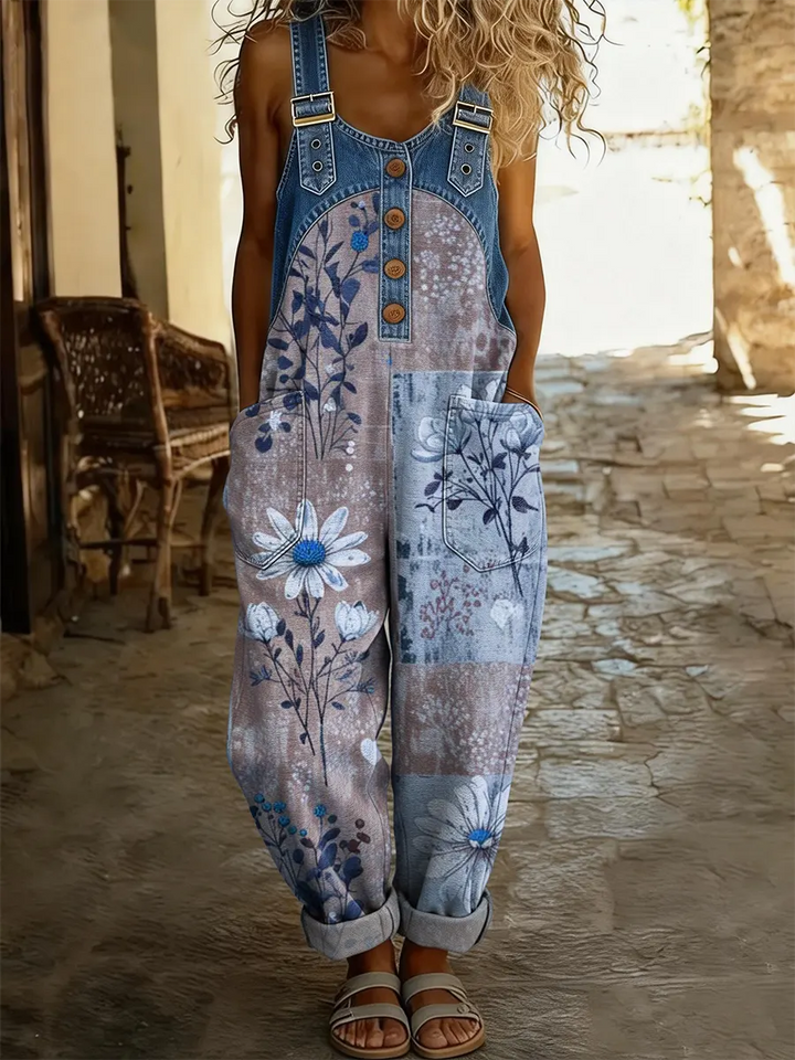 Maréa | Salopette en Denim Patchwork avec Imprimé Floral