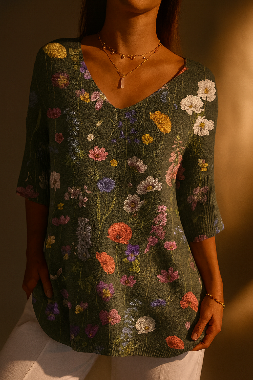 Zélie | Motif de jardin botanique printanier vibrant imprimé sur pull tricoté décontracté pour femmes