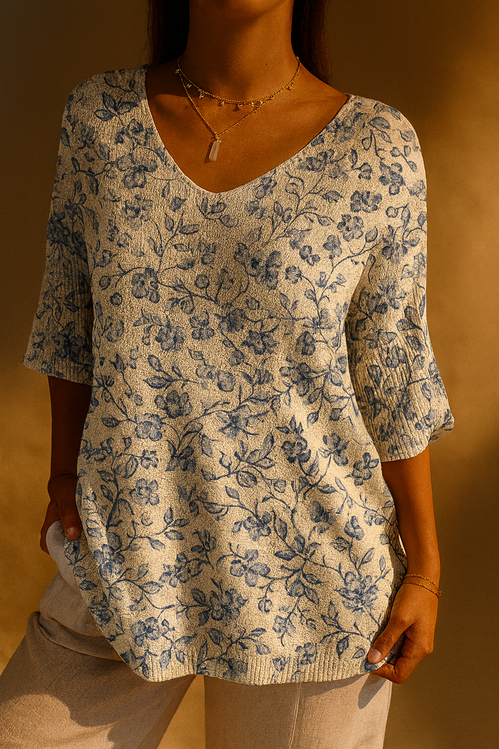 Irène | Pull décontracté en tricot à fleurs bleues pour femmes