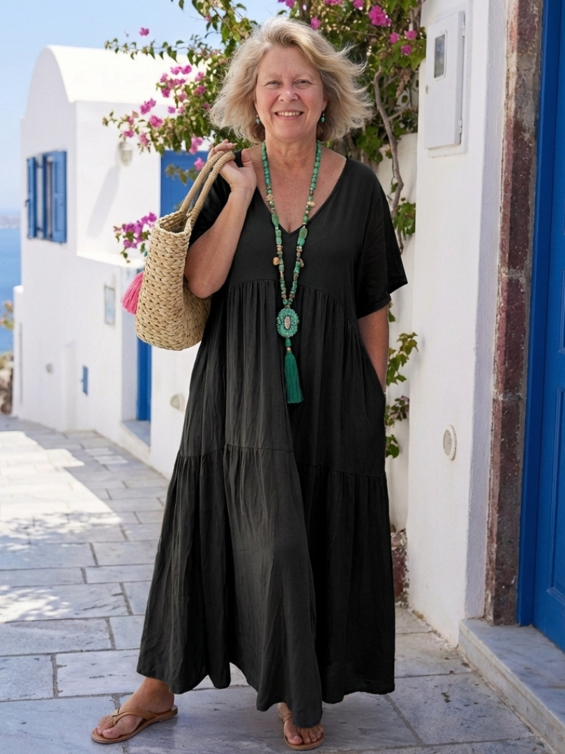 Zinnia | Robe Maxi Bleue à Manches Courtes à Volants