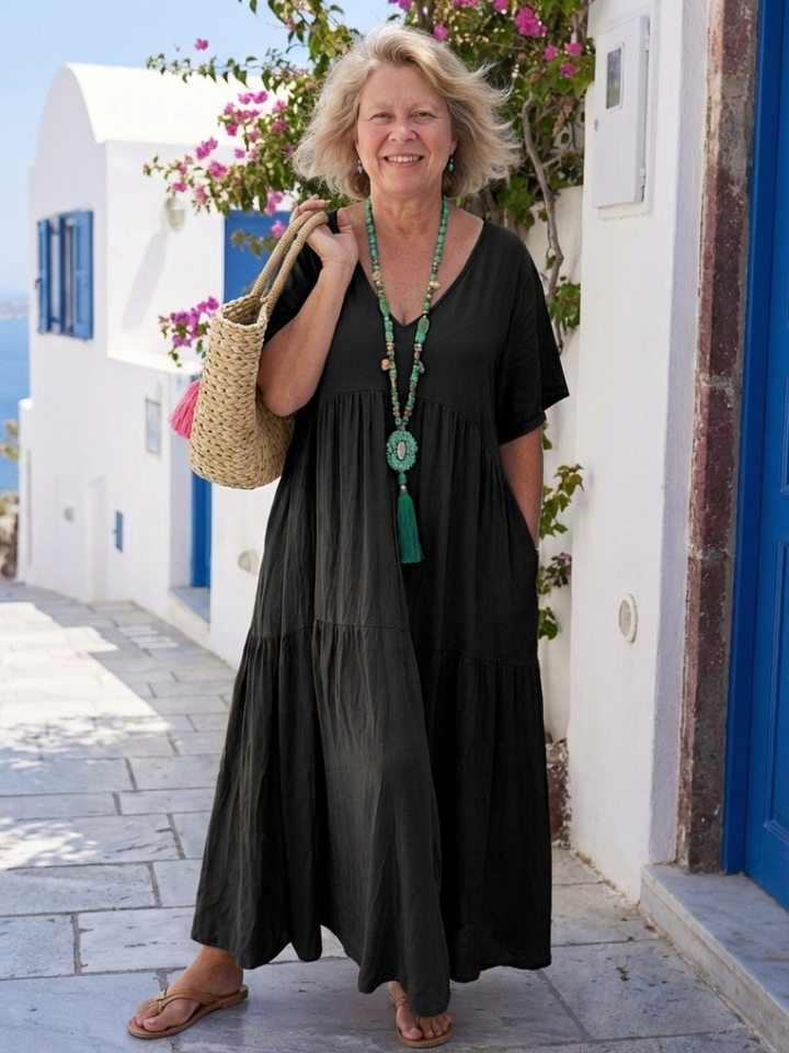 Zinnia | Robe Maxi Bleue à Manches Courtes à Volants
