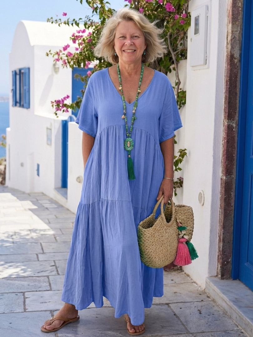 Zinnia | Robe Maxi Bleue à Manches Courtes à Volants