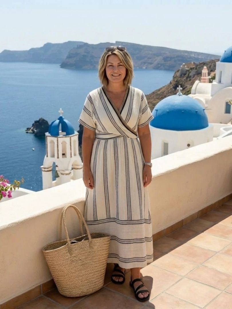 Thalassa | Robe midi à manches courtes en V à taille froncée