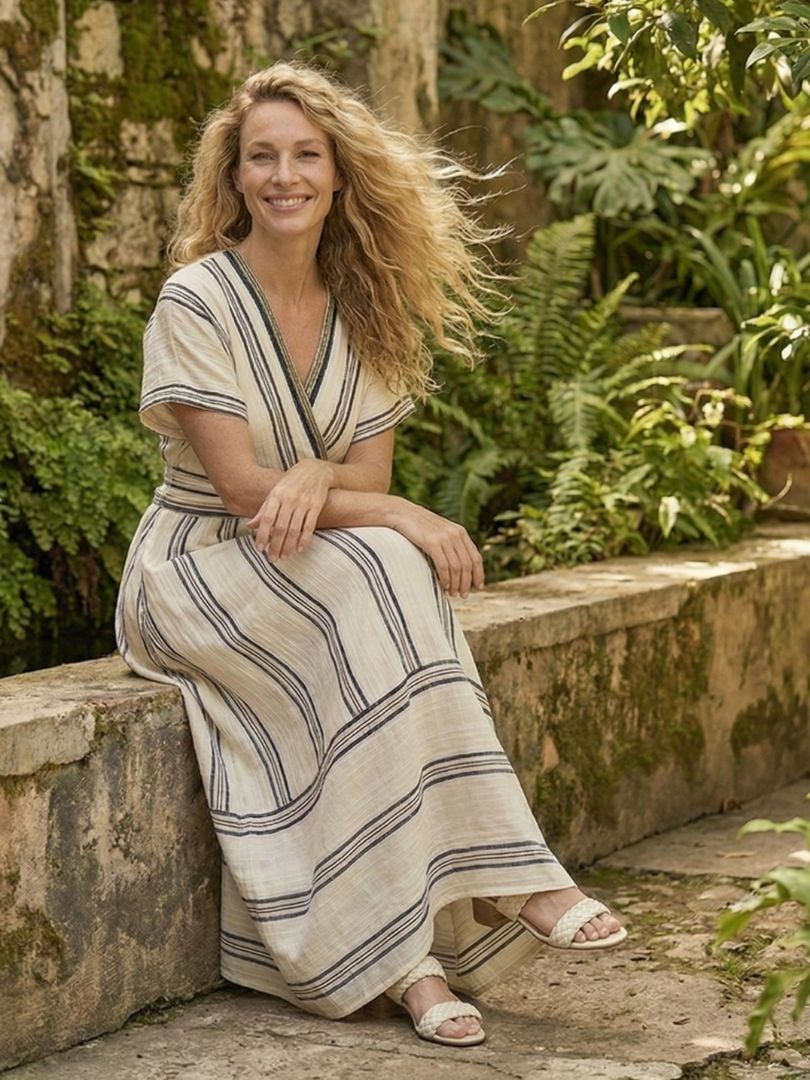 Thalassa | Robe midi à manches courtes en V à taille froncée