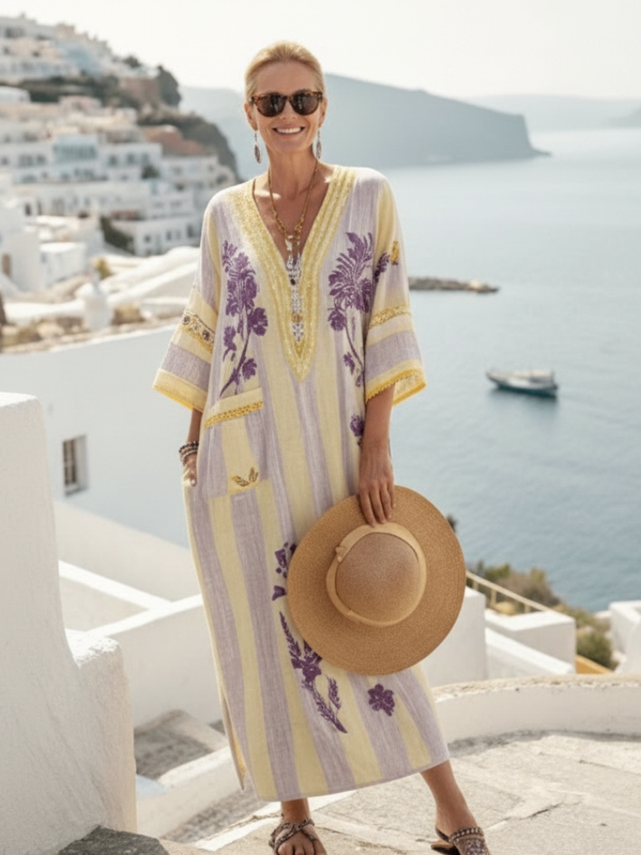 Aurelia | Robe Maxi Fleurie Rayée à Col en V et Manches Mi-Longues
