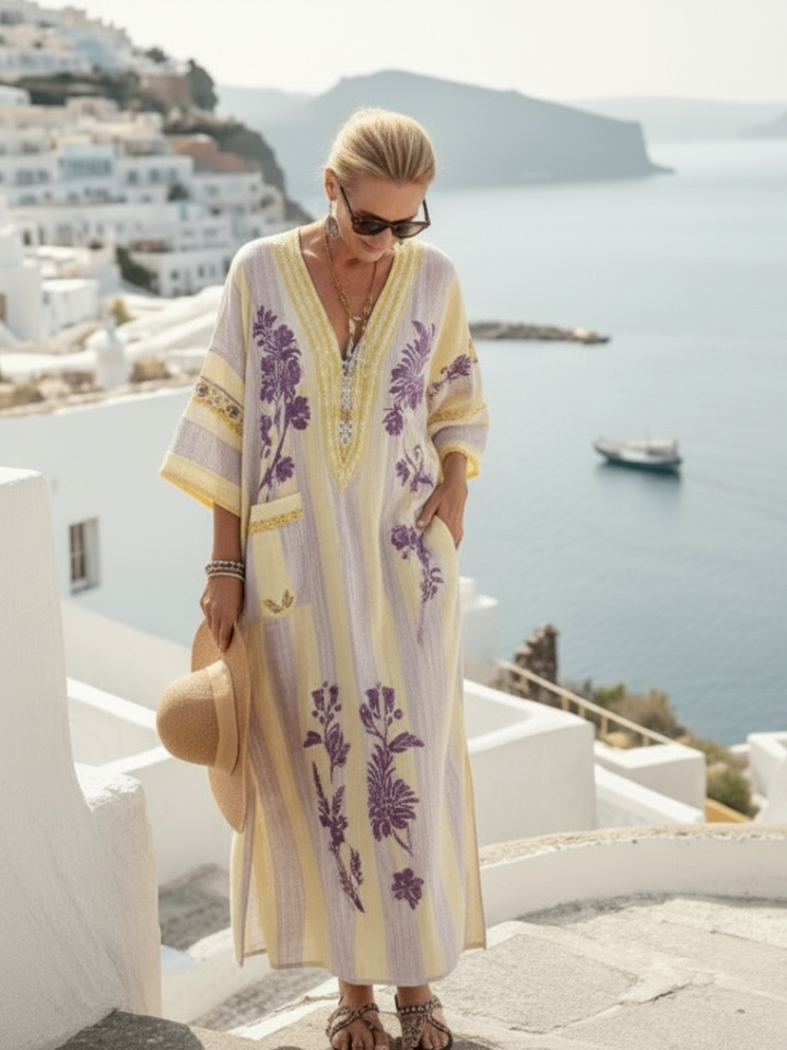 Aurelia | Robe Maxi Fleurie Rayée à Col en V et Manches Mi-Longues