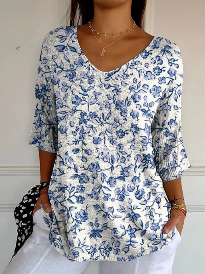 Irène | Pull décontracté en tricot à fleurs bleues pour femmes