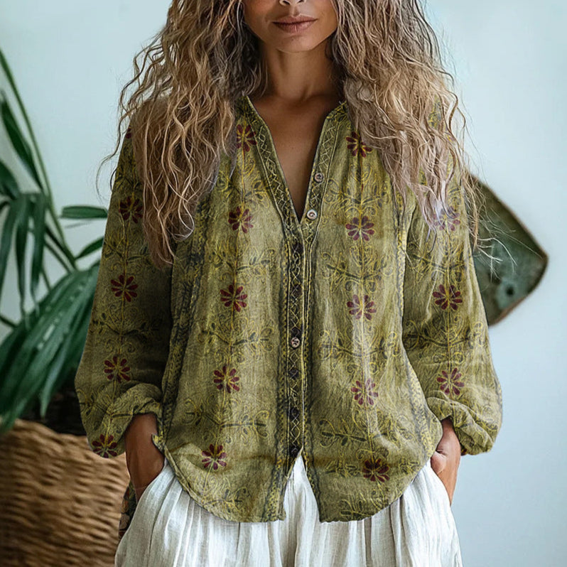 Brunaëlle | Chemise élégante à imprimé vintage de feuilles