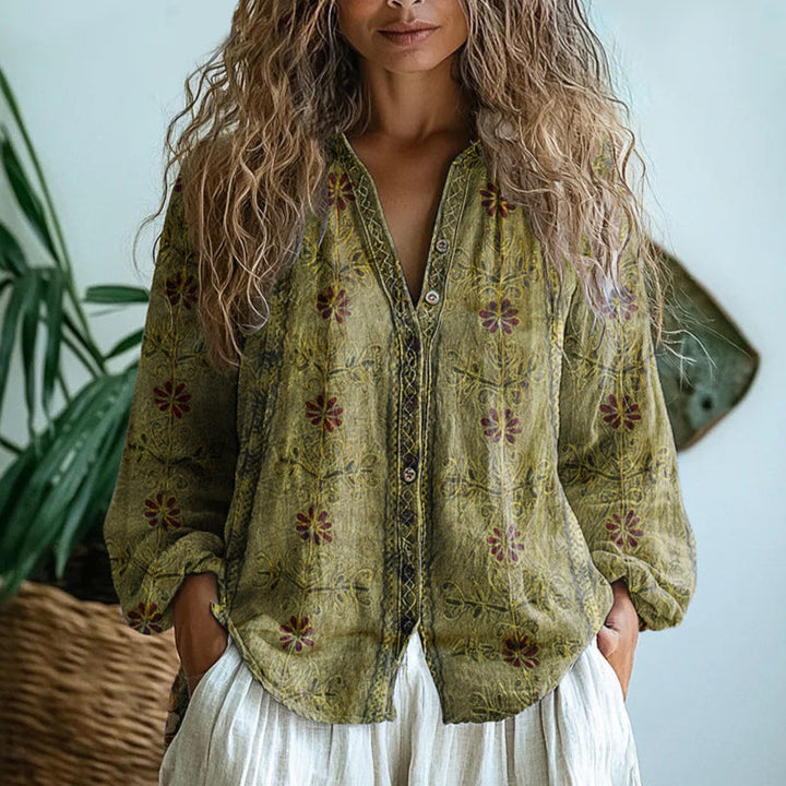 Brunaëlle | Chemise élégante à imprimé vintage de feuilles
