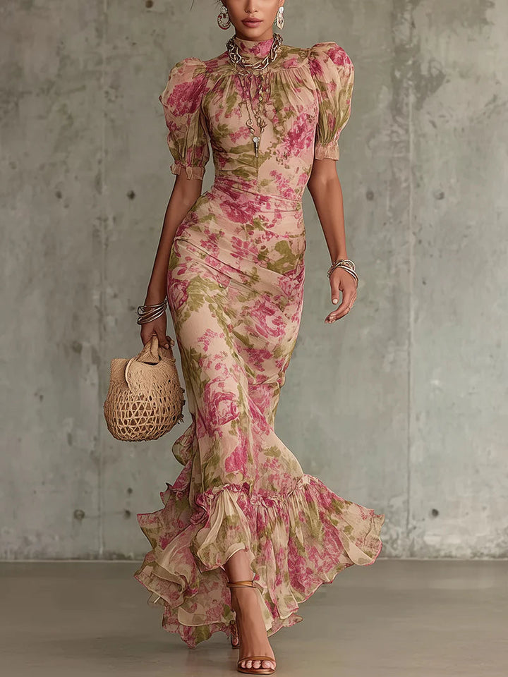 Mélina | Robe Maxi à Imprimé Rose Vintage avec Manches Bouffantes