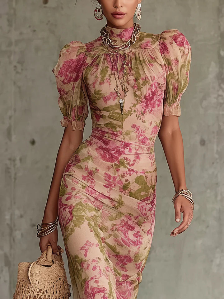 Mélina | Robe Maxi à Imprimé Rose Vintage avec Manches Bouffantes