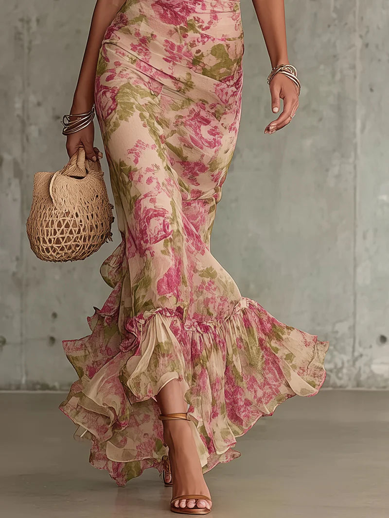 Mélina | Robe Maxi à Imprimé Rose Vintage avec Manches Bouffantes