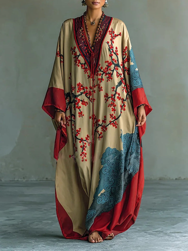 Jeza | Robe maxi japonaise avec des fleurs de prunier rouges et des manches chauve-souris