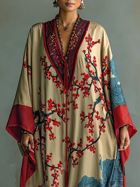 Jeza | Robe maxi japonaise avec des fleurs de prunier rouges et des manches chauve-souris