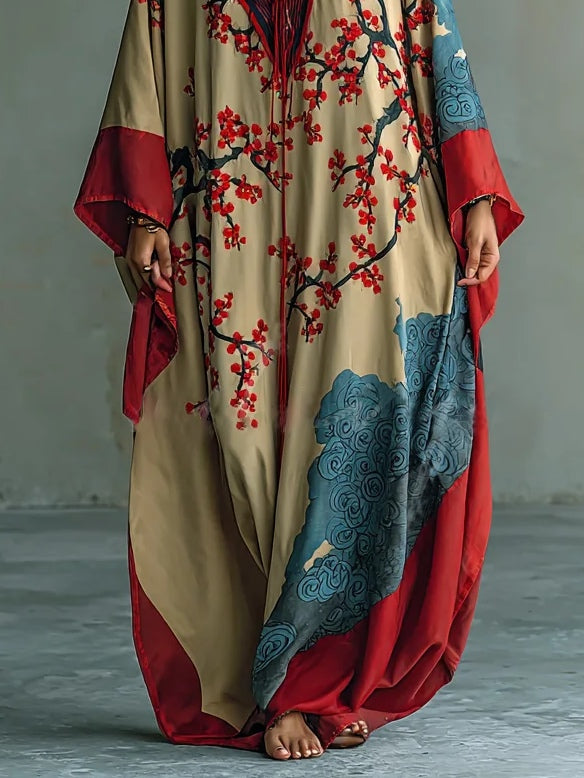 Jeza | Robe maxi japonaise avec des fleurs de prunier rouges et des manches chauve-souris