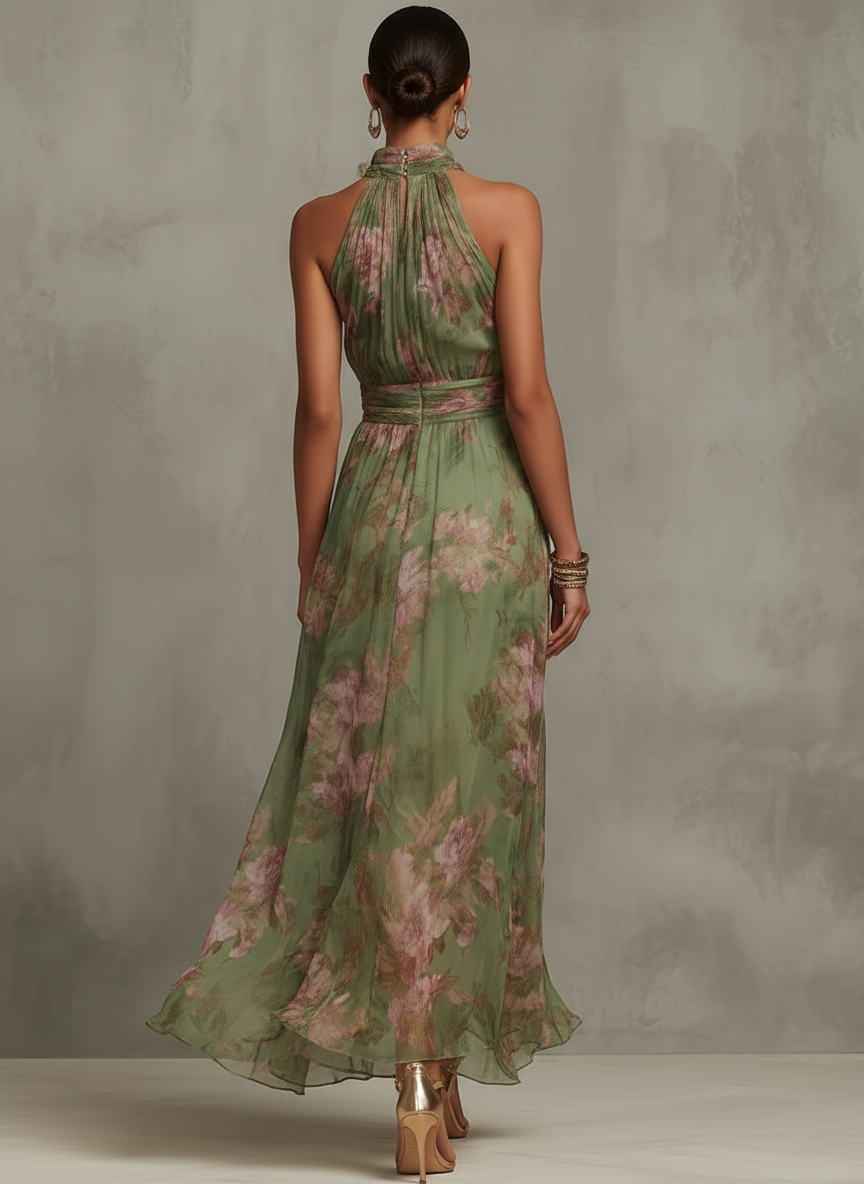 Shana | Robe longue verte avec un motif floral et un col halter