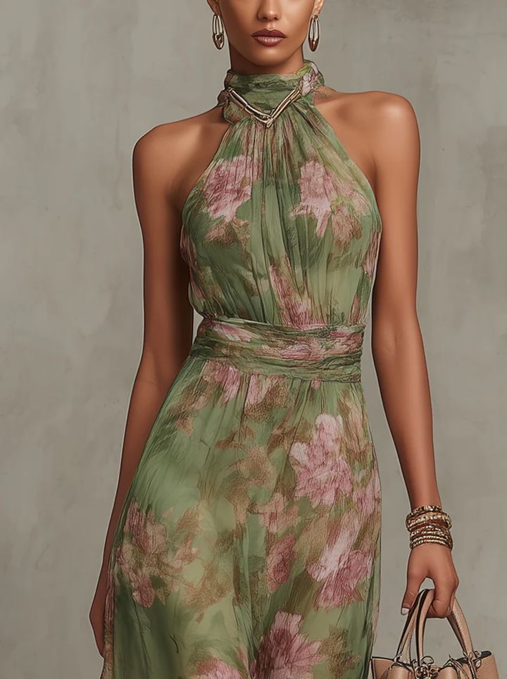 Shana | Robe longue verte avec un motif floral et un col halter