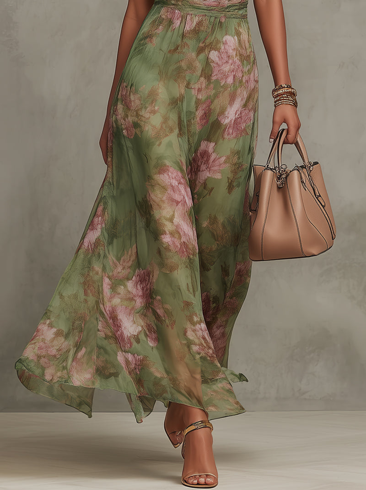 Shana | Robe longue verte avec un motif floral et un col halter