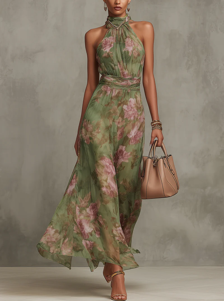 Shana | Robe longue verte avec un motif floral et un col halter