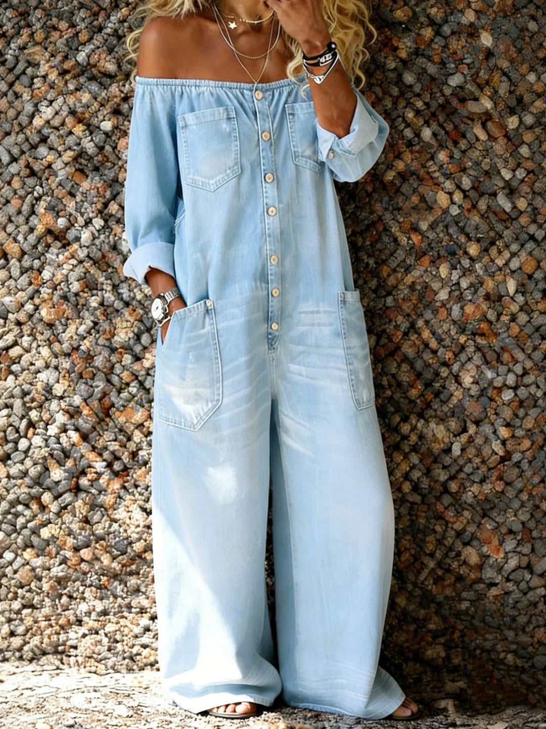 Noa | Combinaison en Jean avec Encolure Off-Shoulder