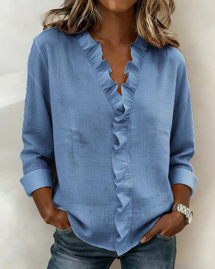Inès | Blouse avec Volants, Décolleté en V et Manches Longues