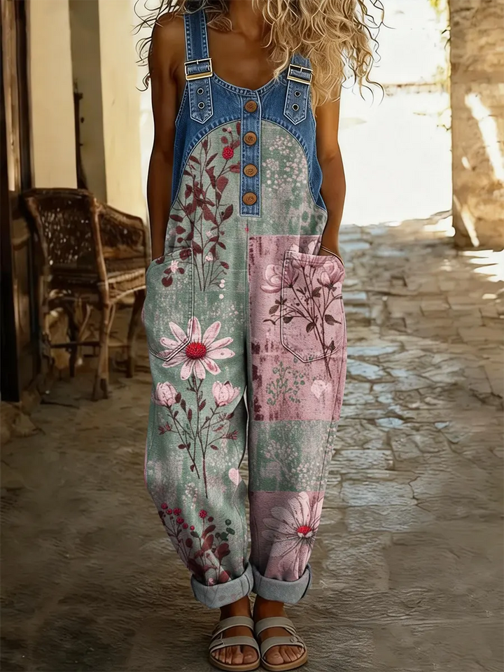Maréa | Salopette en Denim Patchwork avec Imprimé Floral