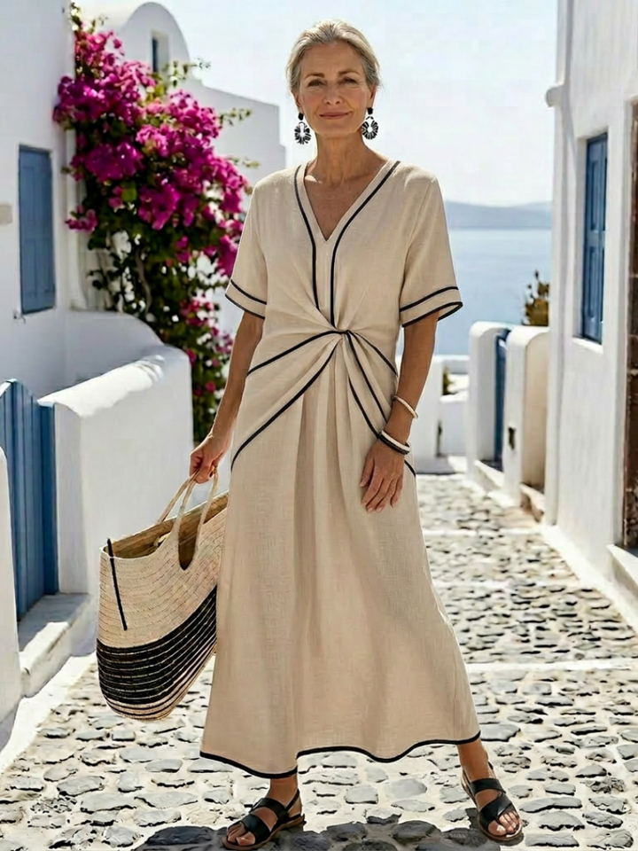 Lorette | Robe midi à manches courtes et décolleté en V