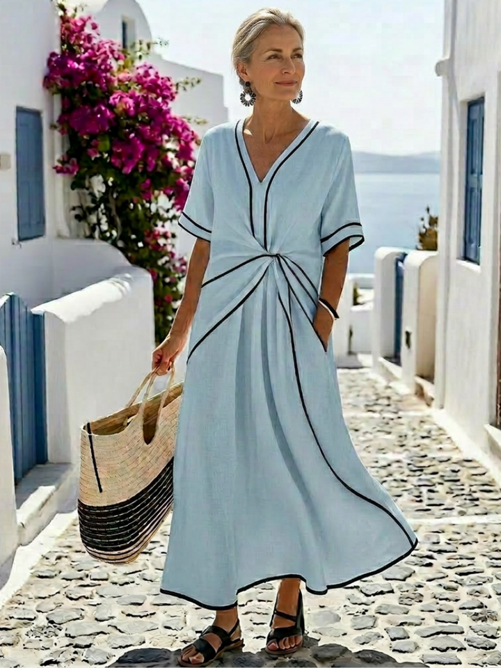 Lorette | Robe midi à manches courtes et décolleté en V