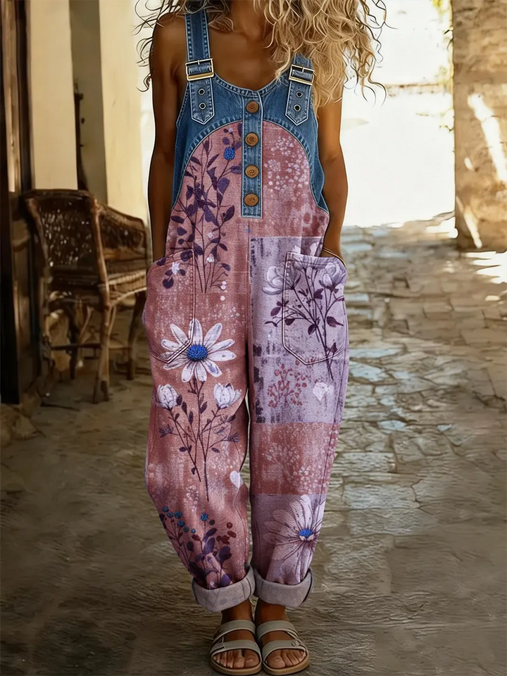 Maréa | Salopette en Denim Patchwork avec Imprimé Floral