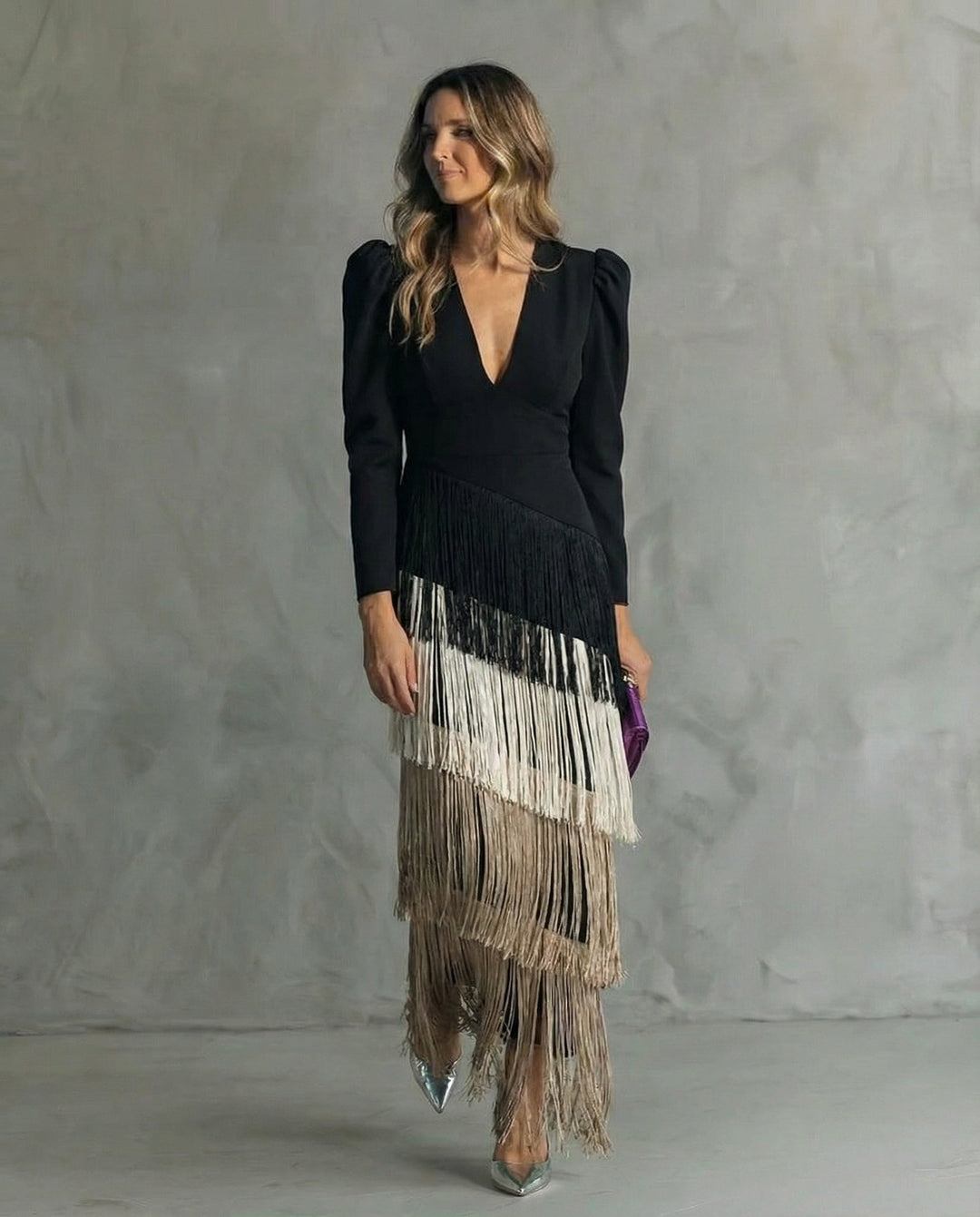 Charlotte | Robe midi élégante avec manches à franges
